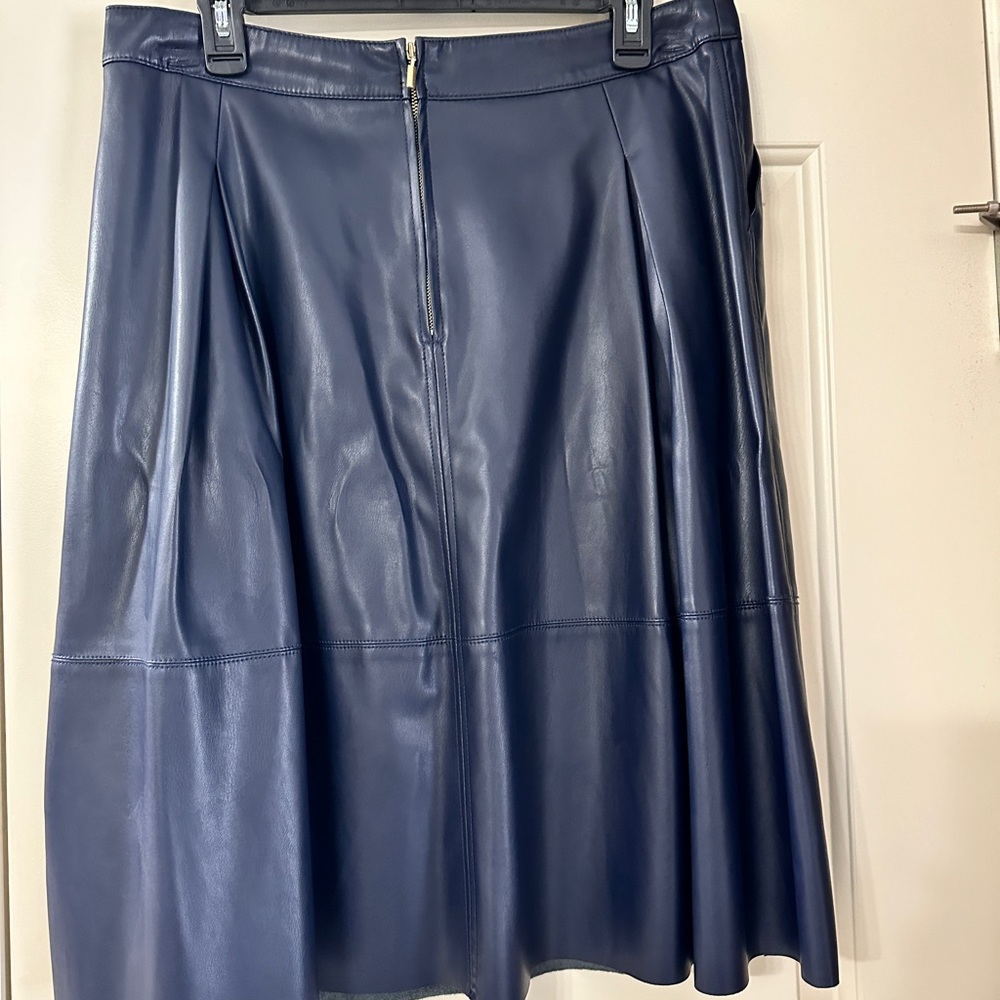 Theory Navy Blue Leather A-Line Knee-Length Skirt